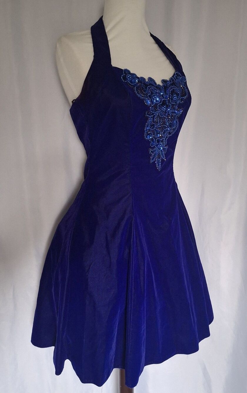 Vtg 90s Purple velvet halter mini prom dress sequins beads whimsigoth Sz 7/8